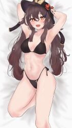 1girls artist_request ass bikini bikini_bottom bikini_bottom_only bikini_only bikini_top bikini_top_only brown_hair female female_only female_solo genshin_impact hat hat_only hu_tao_(genshin_impact) long_hair solo solo_female solo_only wearing_hat