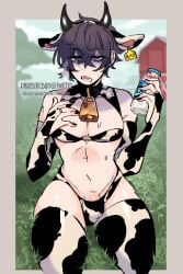 bulge cow_bikini cow_ears cow_horns cow_print cowbell fake_animal_ears fake_horns farm femboy femboy_milk femboy_only indie_virtual_youtuber looking_at_viewer male male_focus male_only male_with_painted_nails milk_bottle painted_nails purple_hair shoto shoto_(vtuber) shxtou solo solo_focus solo_male thick_thighs virtual_youtuber vtuber