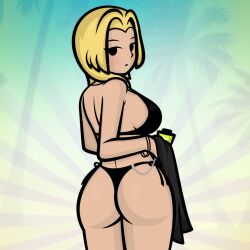 1girls beach big_ass big_breasts bikini blonde_hair blush bra looking_at_viewer looking_back medium_hair mob_face nataly_(new_games_inspector) new_games_inspector palm_tree panties towel