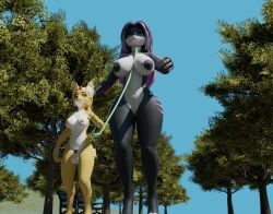 3d animal_genitalia animal_penis anthro blender_(software) breasts canid canine canis collar digital_media_(artwork) duo ear_piercing ear_stud equine_genitalia equine_penis female futanari genitals gynomorph haolde haolde_(character) hi_res intersex intersex/female leash mammal penis piercing pussy reptile ring_piercing scalie size_difference snake wolf
