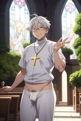 ai_generated ai_hands bulge christianity church church_interior cross gay glasses gordon_the_organist grey_hair male pants_down priest pubic_hair_peek stable_diffusion stained_glass