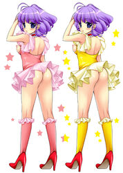 2010 2girls ass blush breasts creamy_mami drill_hair female high_heels human idol large_breasts light-skinned_female light_skin looking_at_viewer magical_angel_creamy_mami magical_girl multiple_girls nipples purple_hair sakura_hanatsumi short_hair skirt standing yuu_morisawa