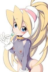 blonde_hair blue_eyes blush breasts candy ciel_(mega_man) flat_chest looking_at_viewer mega_man mega_man_x_dive mega_man_zero nude_filter semikichi