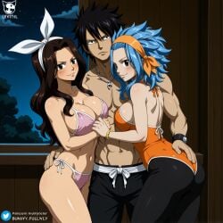 1boy 2girls ai_generated ass beautiful_females bikini black_hair blue_hair_female breasts brown_hair bunnysuit cana_alberona clothed fairy_tail gray_fullbuster leaning_on_person levy_mcgarden night sexy smile standing threesome