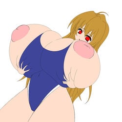 akira_agata blonde_hair breast_expansion breast_grab breasts cameltoe curvy gigantic_breasts inverted_nipples nipples puffy_nipples red_eyes swimsuit thick_thighs