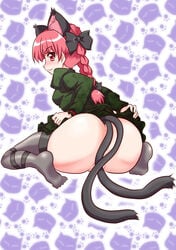 animal_ears ass black_legwear black_thighhighs braid cat_ears cat_tail censored convenient_censoring fur high_resolution kairakuen_umenoka looking_back multi_ear multi_tail no_panties pussy red_eyes red_hair rin_kaenbyou solo tail thighhighs tied_hair tougall touhou twin_braids twintails