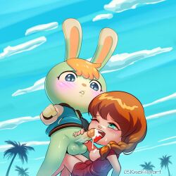 1female 1girls 2023 animal_crossing animal_crossing_girl anthro anthro_on_human artist_logo artist_name balls biting_lip biting_own_lip blonde_hair blue_eyes blush bottomless breasts brown_hair cum_in_mouth cum_inside cum_on_breasts cum_on_face duo exposed_breasts female female_on_anthro girly handjob heart_eyes hi_res human humanoid_genitalia humanoid_penis kiseki_art lagomorph male male/female nipples one_eye_closed penis rabbit sasha_(animal_crossing) sex villager_(animal_crossing)