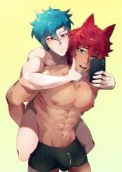 abs animal_ears aphelios boyfriends bulge chest gay heartsteel_aphelios heartsteel_series heartsteel_sett league_of_legends male male/male muscles muscular muscular_male nipples pale_skin pecs pectorals sett taking_picture taking_selfie tan_skin twink underwear underwear_only yaoi