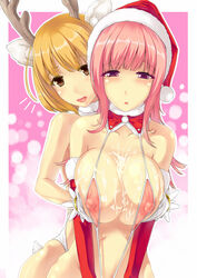 animal_ear antlers bikini blonde_hair blush bonsuke breast_grab breast_squeeze breasts brown_eyes christmas cum cum_on_body cum_on_breasts cum_on_upper_body elbow_gloves erect_nipples gloves hat highres large_breasts long_hair multiple_girls open_mouth original pink_eyes pink_hair santa_hat see-through short_hair sling_bikini swimsuit