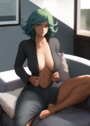 1girls ai_generated big_breasts clothed clothing feet female female_focus female_only flowerxl green_eyes green_hair inner_sideboob looking_at_viewer one-punch_man short_hair sofa solo solo_female tatsumaki thighs