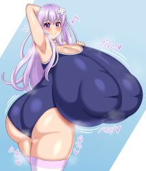 arm_up armpit ass big_ass blush cleavage d-pad_hair_ornament gigantic_breasts hand_on_breast heart huge_nipples hyper_breasts inverted_nipples light-skinned_female looking_at_viewer looking_back nepgear neptunia_(series) nipples_visible_through_clothing pink_hair purple_eyes simeji_jimejime skin_tight smile solo steaming_body swimsuit thighhighs