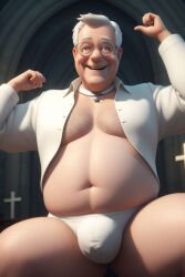 ai_generated bara bara_tits belly bulge chubby church clerical_collar cross daddy gay glasses gordon_the_organist happy older_male overweight_male partially_undressed priest smiling stable_diffusion underpants white_hair white_underwear