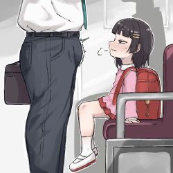 2d aroused big_penis bigger_male bulge bulge_under_clothes horny office_worker sitting smaller_female train zlix0n zlixon
