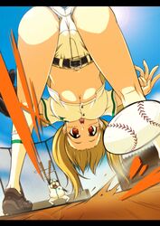 baseball baseball_bat baseball_uniform bent_over blonde_hair blush breasts cameltoe cleavage kneepits looking_back onija_tarou original panties perspective sportswear tied_hair twintails underboob underwear upshirt