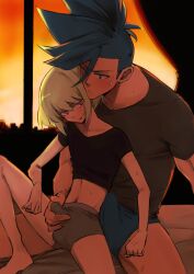 2boys aus_vaka black_shirt blue_eyes blue_hair blue_male_underwear blush bulge bulge_press couple crotch_grab earrings erection erection_under_clothes feet_out_of_frame galo_thymos grabbing grabbing_from_behind green_hair grey_male_underwear highres indoors jewelry lio_fotia male_focus male_underwear mohawk multiple_boys muscular muscular_male navel on_bed promare purple_eyes shirt short_hair short_hair_with_long_locks sidelocks single_earring sitting size_difference spiked_hair sunset sweat triangle_earrings underwear yaoi