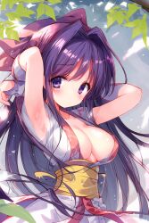 1girls 2000s_(style) ainu_clothes alternate_breast_size armpits arms_behind_head big_breasts blush breasts busty cleavage fingerless_gloves gloves hair_ribbon king_of_fighters large_breasts legs looking_at_viewer nakoruru pants purple_eyes purple_hair ribbon samurai_shodown sensual sexy_armpits snk solo thighs