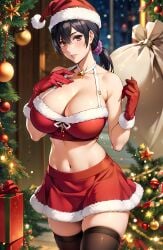 ai_generated bangs bleach breasts brown_eyes christmas christmas_outfit cleavage curvaceous fair-skinned_female female gloves hat ikumi_unagiya merry_christmas midriff milf navel ponytail purple_scrunchie raven_hair sack santa santa_costume santa_hat skirt solo stable_diffusion tall_female thighhighs unstable_diffusion