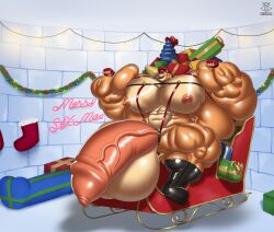 bodybuilder christmas christmas_outfit furry harness hyper hyper_balls hyper_cock hyper_genitalia hyper_penis hyper_testicles laying_on_bed male male_only muscles muscular muscular_arms muscular_male regnar