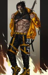 abs big_thighs black_clothing black_hair blush blush long_hair male mask masked masked_male midriff mortal_kombat mortal_kombat_1_(2023) muscular muscular_male scorpion_(mortal_kombat) solo solo_male sword tattoo thighs warner_brothers weapon yellow_clothing yenyenyen19