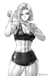 1girls android_18 blush breasts dragon_ball dragon_ball_z fit fit_female greyscale gym_clothes looking_at_viewer monochrome muscular robustaart shorts sports_bra thick_thighs thunder_thighs toned toned_female