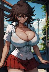 1girls ai_generated big_breasts breasts breasts_bigger_than_head brown_hair cleavage collarbone danganronpa danganronpa_2:_goodbye_despair grey_eyes huge_breasts large_breasts medium_hair messy_hair outdoors outside owari_akane red_skirt shirt short_hair short_skirt short_sleeves smile stable_diffusion tampopo white_shirt