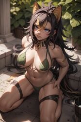 1girls ai_generated big_breasts bikini blue_eyes breasts cat_ears dark-skinned_female dark_skin dehya_(genshin_impact) female female_only genshin_impact hair_between_eyes hoyoverse kirill782 kneeling leaf leaf_bikini long_hair navel solo stable_diffusion