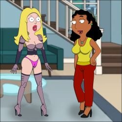 american_dad arabian arabian_female blonde_hair bra cameltoe female female_only francine_smith gwendolyn_(rick_and_morty) high_heels iranian linda_memari panties pants pink_panties rick_and_morty robot robot_girl room sex_robot sexfightfun smile smiley_face t-shirt yuri