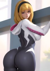 1girls ass ass_focus big_breasts blonde_hair clothed clothing dat_ass fat_ass female female_focus female_only flowerxl gwen_stacy hairband looking_at_viewer marvel marvel_comics pawg short_hair solo solo_female spider-gwen spider-man_(series) superheroine tagme window