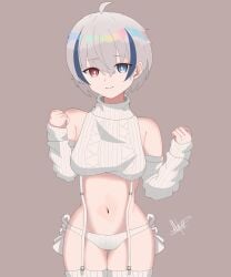 1girls female_only front_view heterochromia highres indie_virtual_youtuber light-skinned_female light_skin looking_at_viewer nisha_nixyeva short_hair simple_background smiling_at_viewer standing sweater thighhighs virgin_destroyer_sweater virgin_killer_sweater virtual_youtuber white_hair