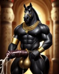 ai_generated anthro egyptian equid equine gold_bracelet gold_jewelry horse horse_penis horsecock huge_balls huge_cock lonely_man monster monster_cock muscular muscular_anthro muscular_male original_character xenthul