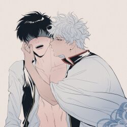 2boys awu925925 bite bite_mark black_hair blindfold blush gay gintama gintoki_sakata hickey hijikata_toshiro kimono male male_only neck_bite open_shirt sweatdrop upper_body white_hair yaoi