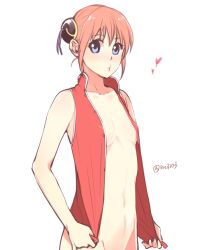 bare_midriff blue_eyes bottomless bun_cover chinese_clothes cleavage double_bun female female_only gintama hair_ornament kagura_(gintama) kn3103 looking_at_viewer no_bra open_shirt orange_hair satomi_(artist) sleeveless sleeveless_shirt small_breasts solo