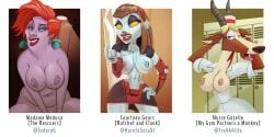 3girls android authorialnoice breasts courtney_gears crossover disney disney_villains earrings erect_nipples female female_only furry horn madame_medusa my_gym_partner's_a_monkey navel nipples nurse_gazelle ratchet_and_clank robot_girl text the_rescuers