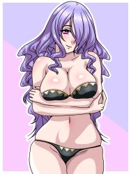 1girls arm_under_breasts bare_shoulders black_panties bra breasts camilla_(fire_emblem) cleavage crossed_arms female female_only fire_emblem fire_emblem_fates hair_over_one_eye inabakun00 large_breasts long_hair looking_at_viewer nintendo panties pink_eyes purple_hair shoulders smile solo underwear very_long_hair