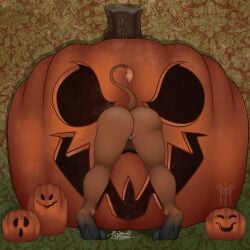 anthro anus ass bovid bovine cattle creepy digital_media_(artwork) female food fruit genitals glory halloween heifer_(disambiguation) hi_res holidays hooves jack-o'-lantern mammal moomoo nude plant pumpkin pussy raised_tail rear_view solo stuck thehuntingwolf ych