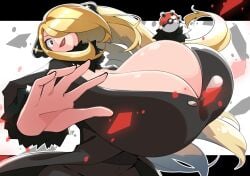 alternate_breast_size black_coat black_pants black_shirt blonde_hair breasts cleavage coat cynthia_(pokemon) female fur-trimmed_coat fur_collar fur_trim gigantic_breasts grey_eyes hair_ornament hair_over_one_eye long_hair long_sleeves pants pokemon pokemon_(game) pokemon_dppt shirt solo toudori v-neck very_long_hair wavy_hair