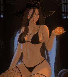 1girls bare_shoulders bikini boruto:_naruto_next_generations brown_hair cleavage curvaceous curvy curvy_female curvy_figure female female_only fishnet_legwear fishnet_stockings fishnets halloween halloween_costume holding_object hyuuga_hanabi legwear long_hair looking_at_viewer midriff naruto naruto_(series) pumpkin pumpkin_head sitting skimpy skimpy_bikini solo spider_web stockings sweat sweatdrop uchihaniray very_long_hair white_eyes wide_hips witch witch_hat