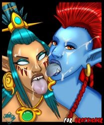 2016 2girls blizzard_entertainment blue_skin cum cum_on_face facial harpy large_breasts licking multiple_girls original_character red_hair shina tongue_out troll troll_(warcraft) warcraft world_of_warcraft zazi_(noname55)