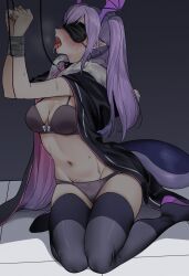 arknights blindfold bondage bound bound_wrists breasts collar drooling female femsub leash lingerie manticore_(arknights) nakamura_rohane navel panties purple_hair solo solo_female stockings submissive submissive_female thighhighs tied_up tongue tongue_out