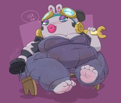 2022 anthro armband bench blue_eyes breasts cleavage clothed clothing colored colored_nails dialogue english_text eyewear feet female foot_fetish goggles gulpspooky hi_res jacket lagomorph leather leather_clothing leather_jacket leather_topwear lips mammal mario_(series) mario_+_rabbids mario_+_rabbids:_sparks_of_hope momma_(mario_+_rabbids) musk nails rabbid raving_rabbids shaded simple_background sitting smelly solo speech_bubble text thick_lips thick_thighs tools topwear ubisoft video_games wide_hips wrench