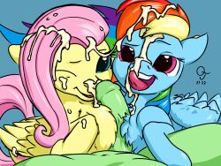 anon chest_fluff chest_fluffjob chest_tuft cum cum_in_mouth cum_on_chest cum_on_chest_fluff cum_on_face excessive_cum facial feral fluttershy_(mlp) human human_on_feral humanoid_penis large_pupils licking_cum looking_at_viewer my_little_pony naizuri pink_hair pov rainbow_dash_(mlp) rainbow_hair trefoiler yellow_fur