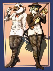 absurd_res accipitriform anthro avian bioshock bioshock_infinite bird black_tie_(suit) boots bottomless bottomless_female bow_tie casual clothed clothing cosplay elizabeth_comstock elizabeth_comstock_(cosplay) falcon falconid female firearm fish_birb fishnet fishnet_legwear footwear genitals gun halloween_costume hat headgear headwear hi_res high_heeled_boots high_heels katie_(fish_birb) legwear lizzy_(fish_birb) no_underwear osprey panties peregrine_falcon pussy ranged_weapon rifle shirt submachine_gun suit thompson_submachine_gun topwear underwear video_games weapon