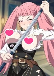 1girls accidental_exposure axe bangs bouncing_breasts breasts breasts_out censored clenched_teeth exposed_breasts female female_only fire_emblem fire_emblem:_three_houses garreg_mach_monastery_uniform hilda_valentine_goneril kyodori_(oyogume) large_breasts long_hair nintendo one_eye_closed pink_eyes pink_hair solo twintails weapon