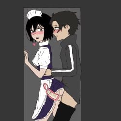 1boy 1girls aged_up black_hair blush call_of_the_night cum cum_in_pussy cum_inside duo excited female heart hiding human in_locker inside_locker locker locker_interior locker_sex looking_at_another looking_back maid maid_headdress maid_outfit maid_uniform male midori_kohakobe older_female penis sex sex_from_behind sex_in_locker short_hair vampire x-ray yamori_kou yofukashi_no_uta younger_male