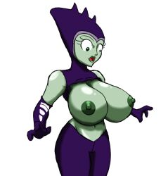 1girls alien_girl alternate_breast_size areolae bare_shoulders big_breasts breast_expansion breast_slip breasts breasts_bigger_than_head breasts_out clothed clothed_female clothes clothing eddiecn30 female female_only green_skin hips huge_breasts humanoid navel nipples ratchet_and_clank rilgarian_(ratchet_and_clank) simple_background solid_color_background solo starlene_(ratchet_and_clank) thick thick_thighs thighs wardrobe_malfunction white_background wide_hips