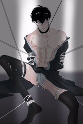 abs arms_behind_back awu925925 black_hair black_legwear black_thighhighs blindfold bondage collar cum cum_on_body cum_on_face fundoshi gag gagged gintama hijikata_toshiro kimono leash legs_held_open male male_only malesub nipple_piercing open_kimono pale-skinned_male pale_skin restrained sitting solo spread_legs submissive_male thighhighs toned toned_male