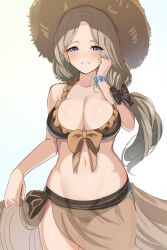 1girls alternate_costume bikini blonde_hair blue_eyes blush bow breasts brown_bikini brown_swimsuit cleavage closed_mouth female female_only fire_emblem fire_emblem:_three_houses fire_emblem_heroes hairbow hat highres large_breasts long_hair looking_at_viewer mercedes_von_martritz mercedes_von_martritz_(summer) navel nintendo official_alternate_costume sarong see-through simple_background solo straw_hat swimsuit tadtadyajyaj