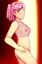 1girls blush doki_doki_literature_club fishnets hair_ornament looking_at_viewer natsuki_(doki_doki_literature_club) nipples nude pink_eyes pink_hair short_hair solo standing triplestabber