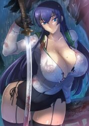 1girls big_breasts breasts haganef hair highschool_of_the_dead hourglass_figure huge_breasts looking_at_viewer neutral_expression nipple_bulge nipples purple_hair ripped_clothing saeko_busujima sideboob solo