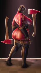 ass ass_focus axe big_ass breasts butt_focus chewychan fempyro fire_axe gas_mask latex latex_armwear latex_bodysuit latex_boots latex_suit mask pinup pyro pyro_(team_fortress_2) skin_tight skintight team_fortress_2 thigh_boots valve